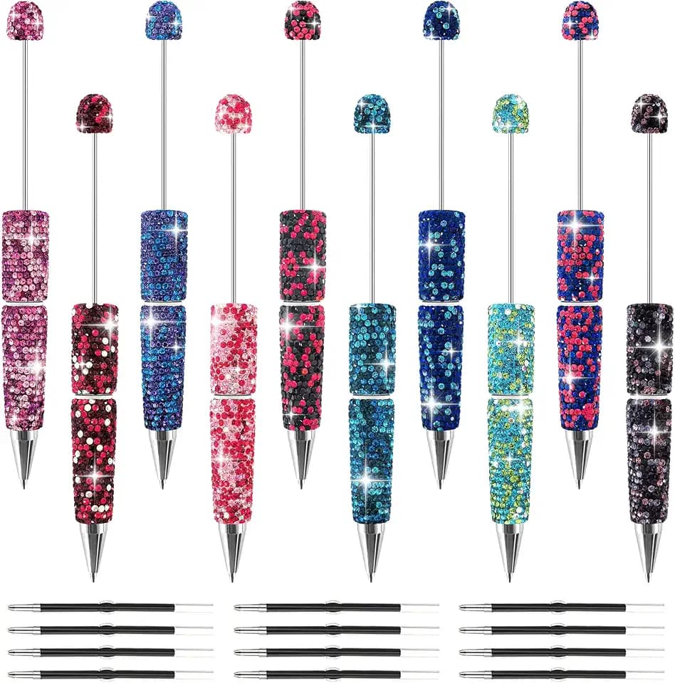 10Pcs Glitter Beadable Pen Full Rhinestone Fancy Pens for Beads Cute Journalling Diamond Pens for Women Fun Bling Ballpoint Pens Tween Girls Gifts Trendy Stuff (New Multicolor)