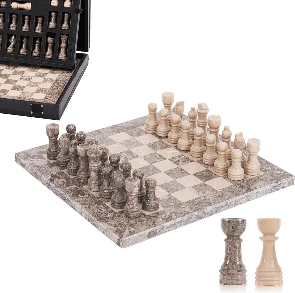 Marble Chess Set 10 Inch Handmade Oceanic & Verona Board Game with Storage Box, Classic Travel Chess Set for Adults with Pieces & 2 Extra Queens, Elegant Gift & Home Decor