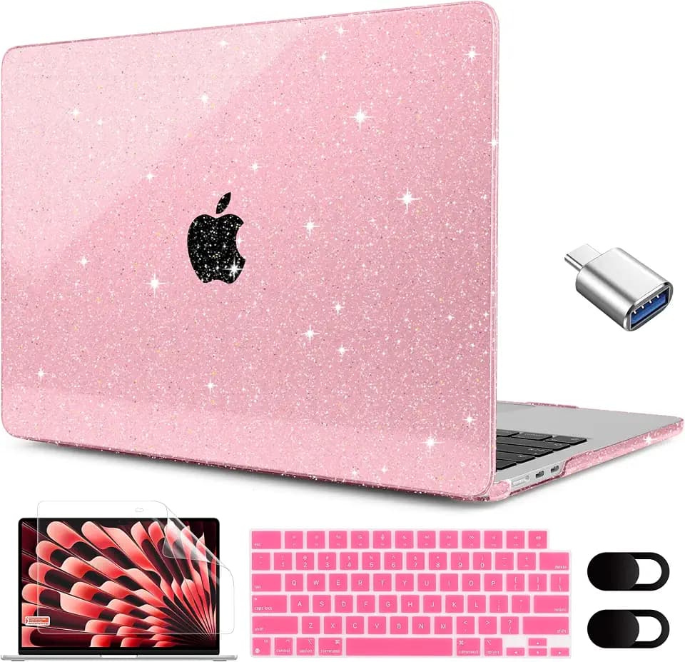 MEEgoodo Glitter Case for M5/M4/M3/M2 MacBook Air 15 inch Case 2026 2025 2024 2023, Fit Model (A3448/A3241/A3114/A2941), Laptop Shell for MacBook Air 15.3 inch, Glitter Pink