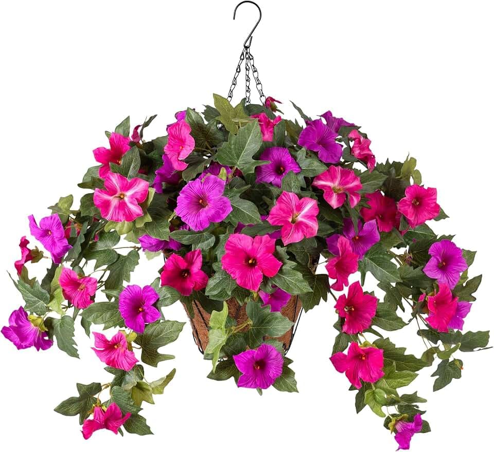 Artificial Petunia Flowers with Hanging Basket for Outdoors Decoration