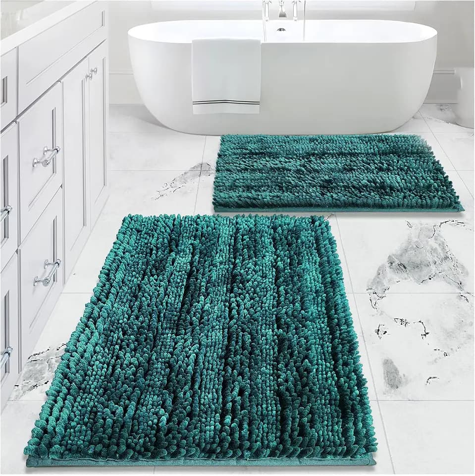 Civkor Bathroom Rugs Sets 2 piece Dark Teal, Bath Mats for Bathroom Non Slip Washable, 31x20 and 24x16 Inches Luxury Shiny Chenille Bath Rugs, High Absorbent Water and Quick Dry for Doormat