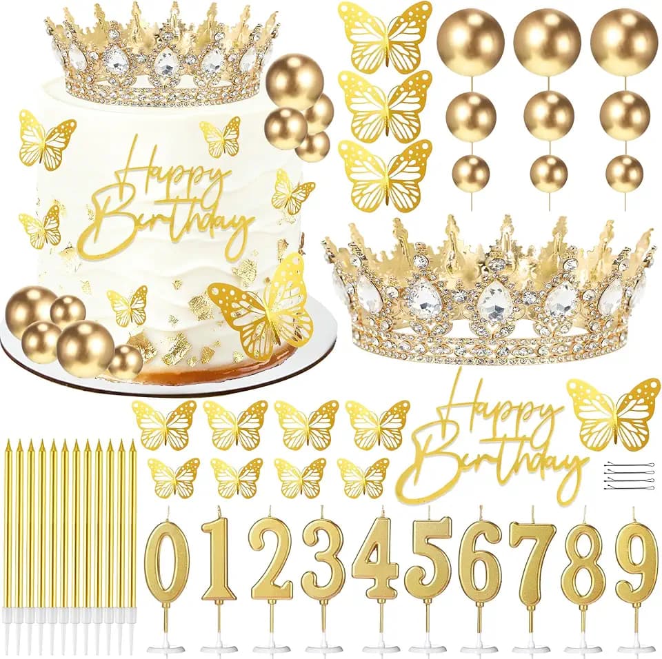 SUTROMA Crown Cake Topper, Gold Birthday Candles Balls (Gold White Crown)