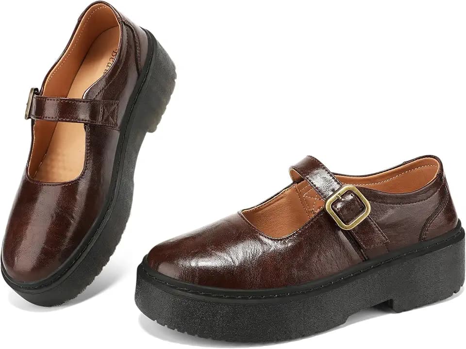 BEAUSEEN Women's Mary Jane Shoes with Platform Sole - Comfort Round Toe Strap Ballet Flats for Women - Chunky Heel Dress Flats