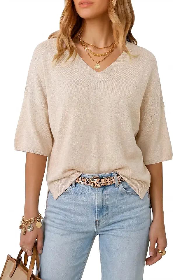 Arach&Cloz Women's Wool Blend Elbow Sleeve Summer Oversized Casual Sweater