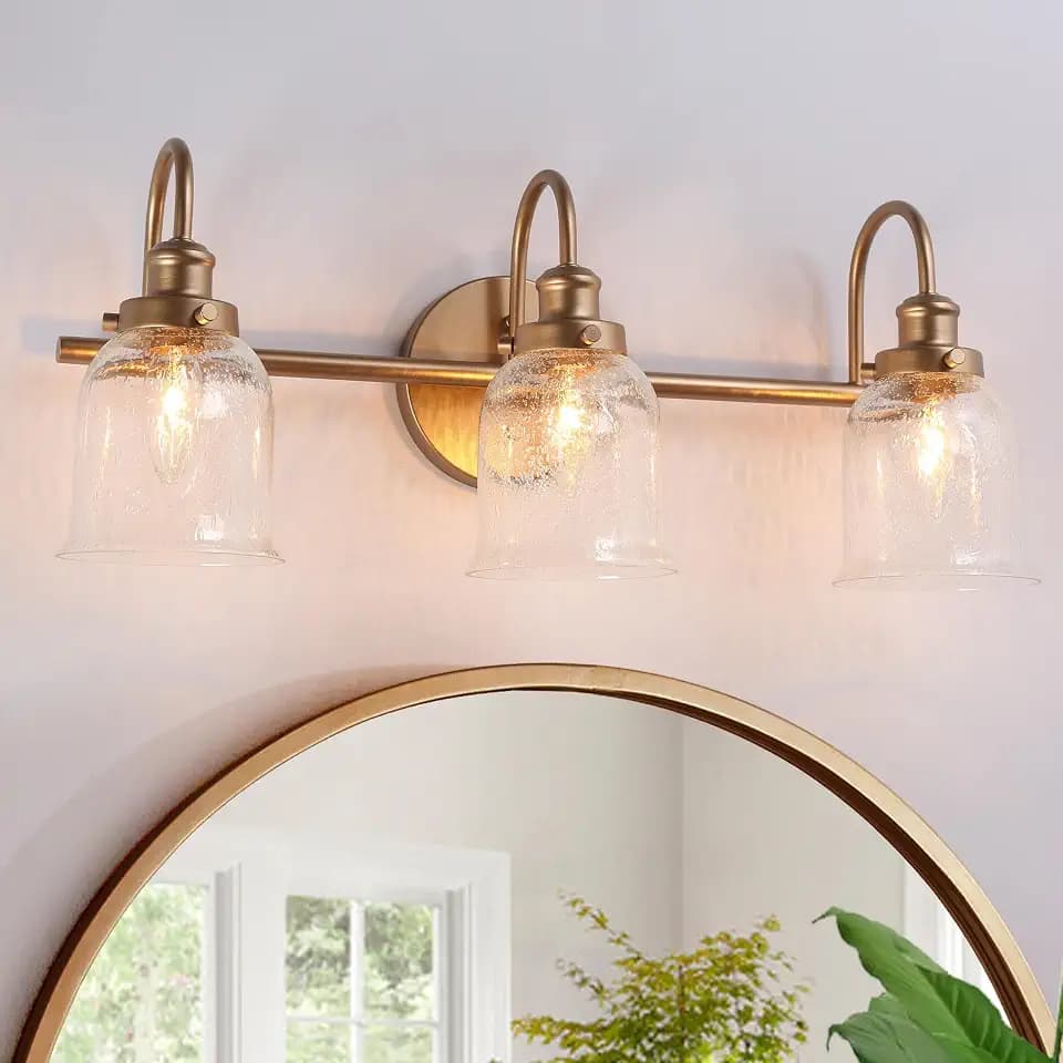 Gold Vanity Light, Modern Bathroom Light Fixtures Over Mirror, 3-Light Vanity Lighting with Seeded Glass Shade