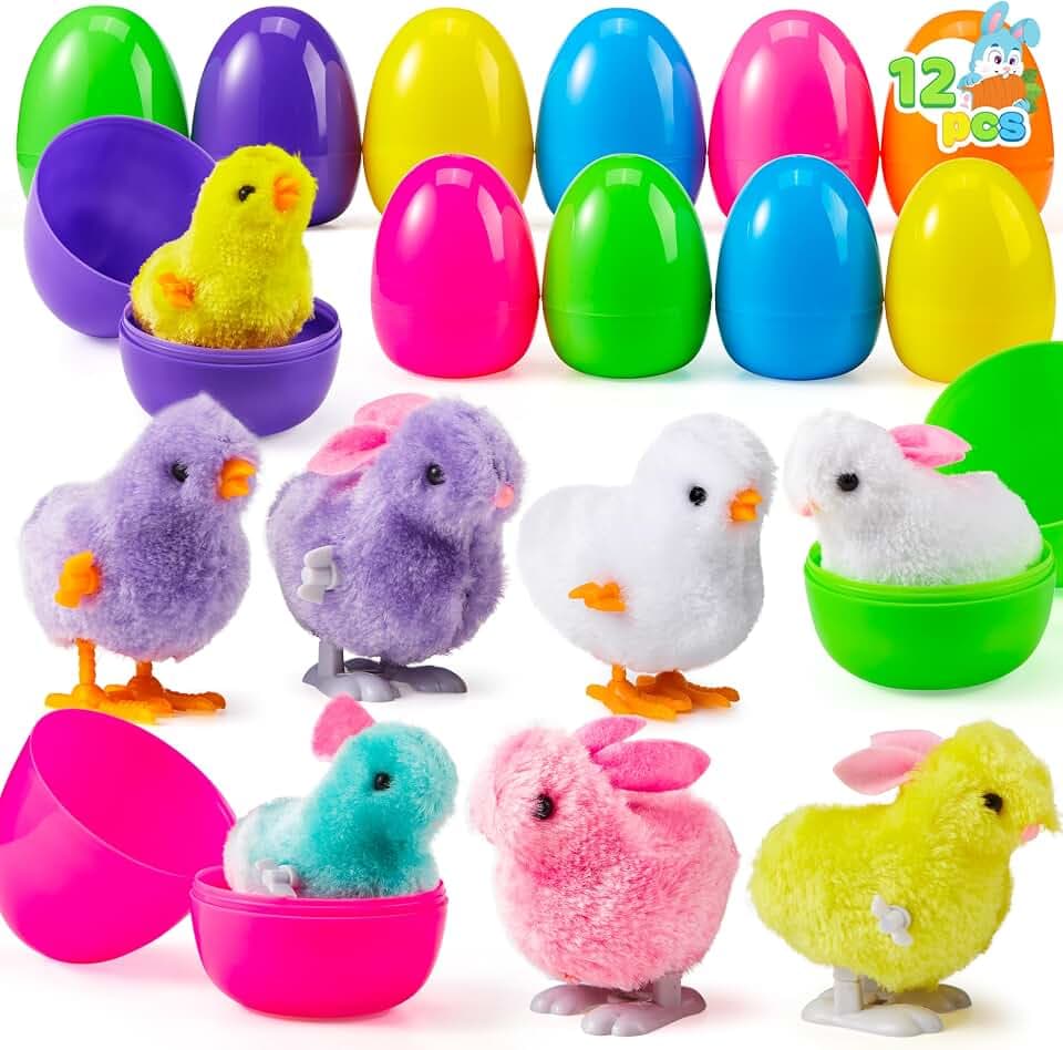 JOYIN 12 Stück Gefüllte Ostereier mit 12 Süß Hasen und Huhn Aufziehspielzeug, Ostereier zum befüllen für Ostern Partyzubehör, Osterkorb Füllstoffe, Kinderspielzeug und Überraschungsgeschenk