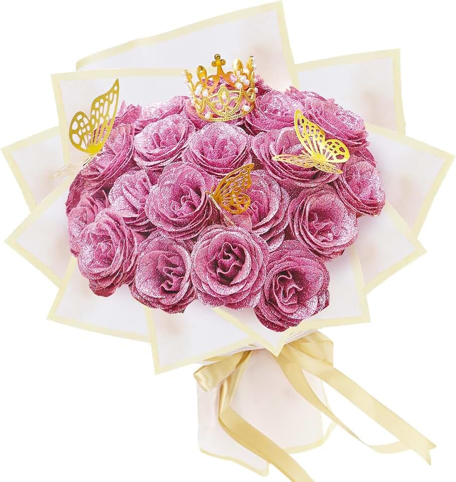 LARDUX 24 Stück Glitzer-Rosenstrauß, Glitzer Rosen Bouquet, künstliche Rosensträuße, DIY künstliche Glitzer-Blumensträuße mit Krone für Valentinstag, Hochzeit, Verlobung, Geburtstag (Rosa)