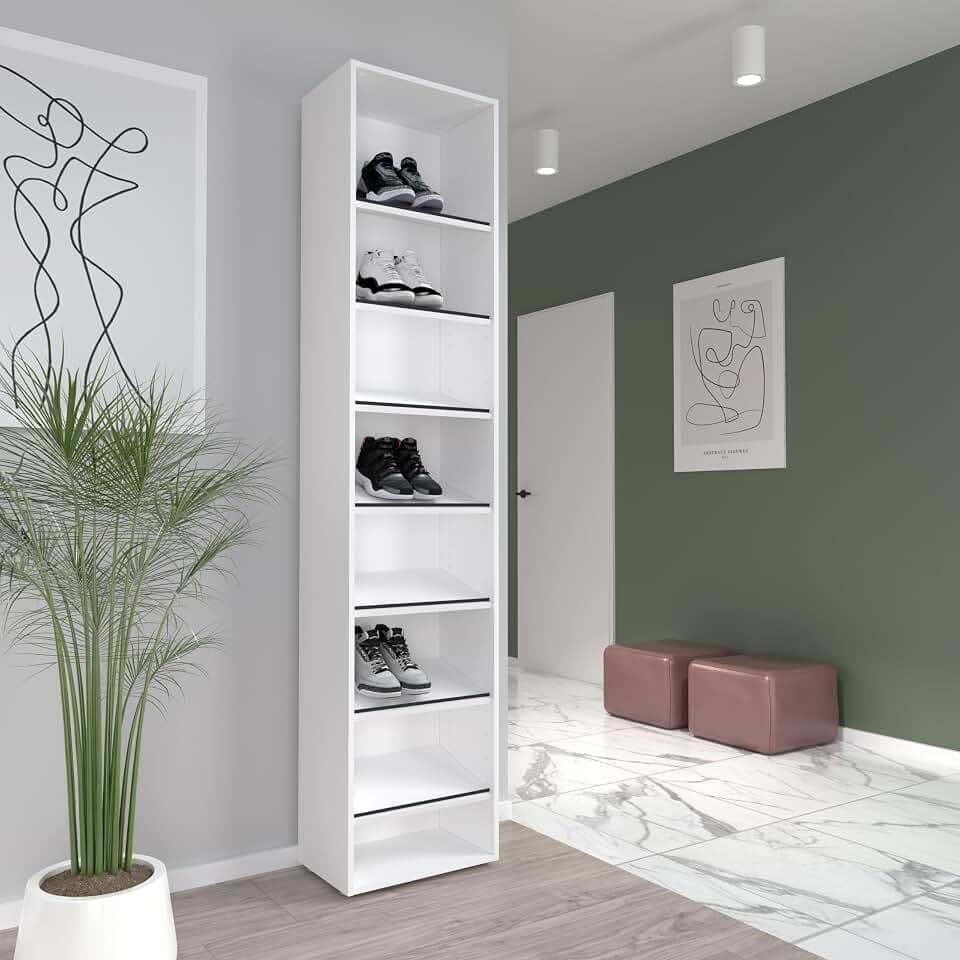 Forte CANBERRA Schuhregal 46, schwarz-weißes Schuhregal, schmal, modern, Holzwerkstoff, Weiß/Schwarz Matt, 46 cm breit x 206,5 cm hoch x 29,5 cm tief