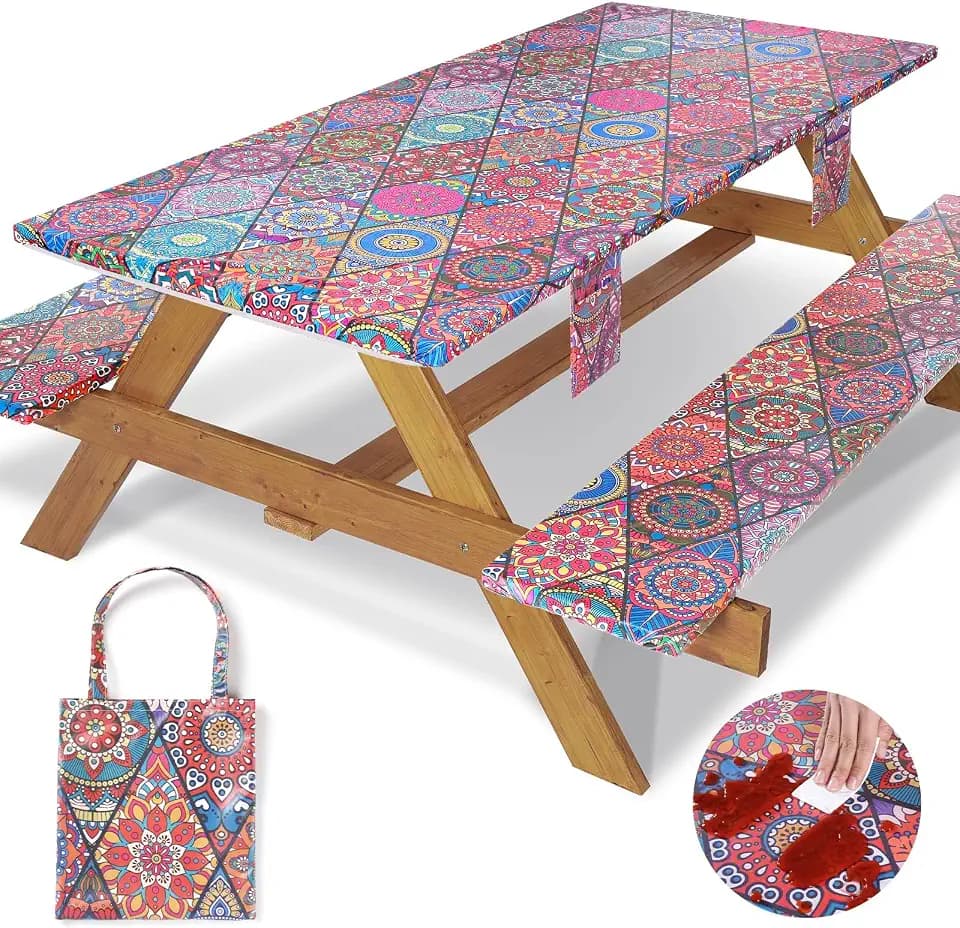 Jobunai Picnic Table Cover with Bench Covers Fitted Wrinkle Free Camping Table Cloths Hiking Glamping Supplies Travel Trailers Cooking Essential Holiday Festival Decor Gifts for Adult Who Want Nothing