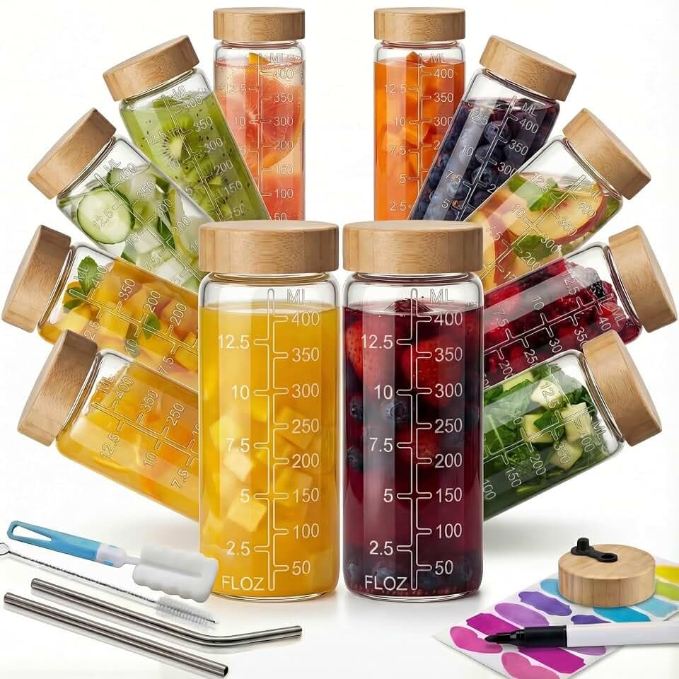 16 oz Round Glass Juice Bottles with Airtight Bamboo Lids, Reusable 12Pack