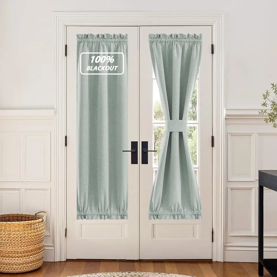 NICETOWN Greyish Green 100% Blackout Linen French Door Curtain for Window