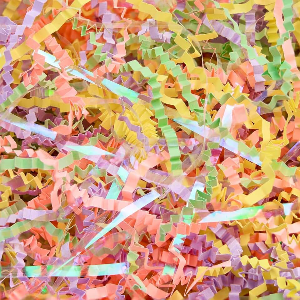 PAPER FAIR 1 LB Iridescent Easter Grass Crinkle Cut Paper, Green Yellow Purple Blush Paper Shred Filler Mix Strand Raffia Tissue Craft Bedding Cushion, Party Birthday Gift Box Basket Retail