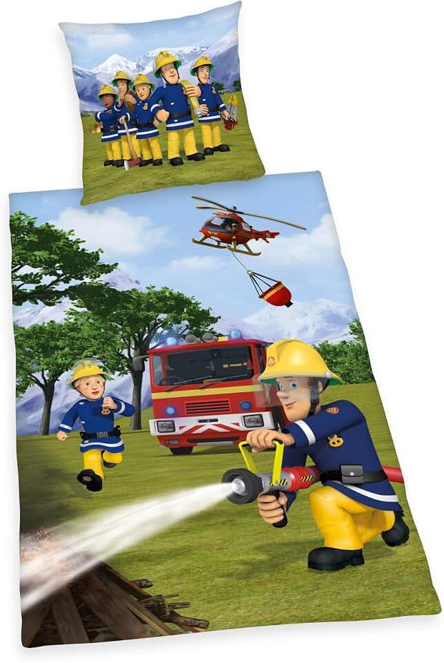 Herding FEUERWEHRMANN SAM Bettwäsche-Set, Wendemotiv, Kopfkissenbezug 80 x 80 cm, Bettbezug 135 x 200 cm, Baumwolle/Renforcé