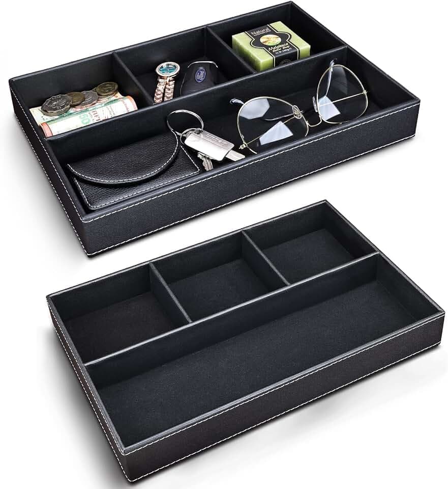 GORESE Valet Tablett, Leder Büro Schublade Schreibtisch Aufbewahrungsbox, Nachttisch Ablageschale, Taschenleerer Organizer Stiftablagen für Schlüssel, Schreibwaren, Münzen, Schmuck(Schwarz-2 Pack)
