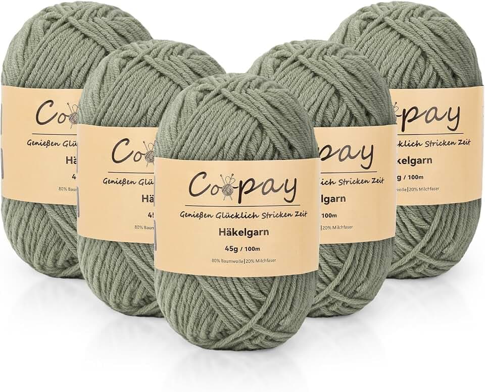 Coopay Wolle zum Häkeln, 225g (5x45g) Weiches Häkelgarn, 5 Faiding Wolle zum Stricken, Babywolle zum Häkeln für Anfänger, Super Weich Häkelgarn Babywolle für Häkel- und Strickprojekt - Schlammgrün