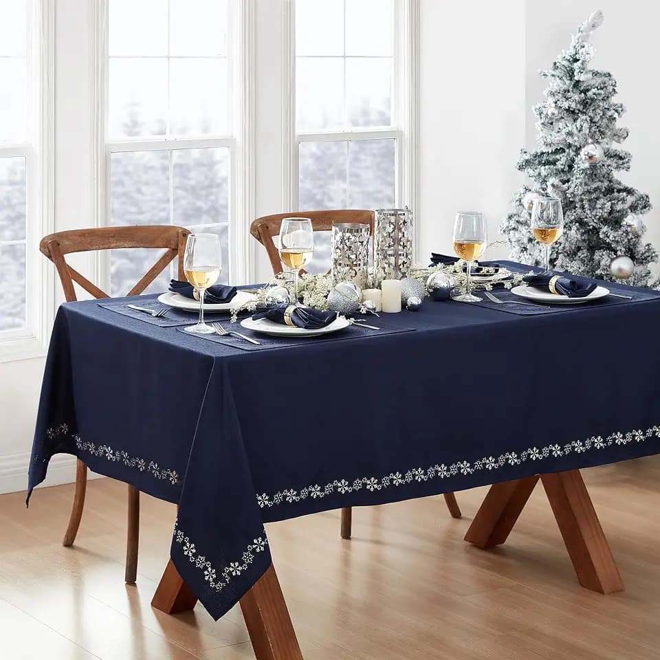 Elrene Home Fashions Snowflake Laser Cut Holiday Fabric Tablecloth, 60"x102" Rectangle, Snowflake Blue
