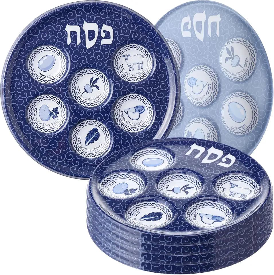 Jingmore 6 Pack Passover Decorations Seder Plates Plastic Pesach Plate Passover Seder Dish for Pesach Feast Party Favors 10 Inch (Traditional Blue)