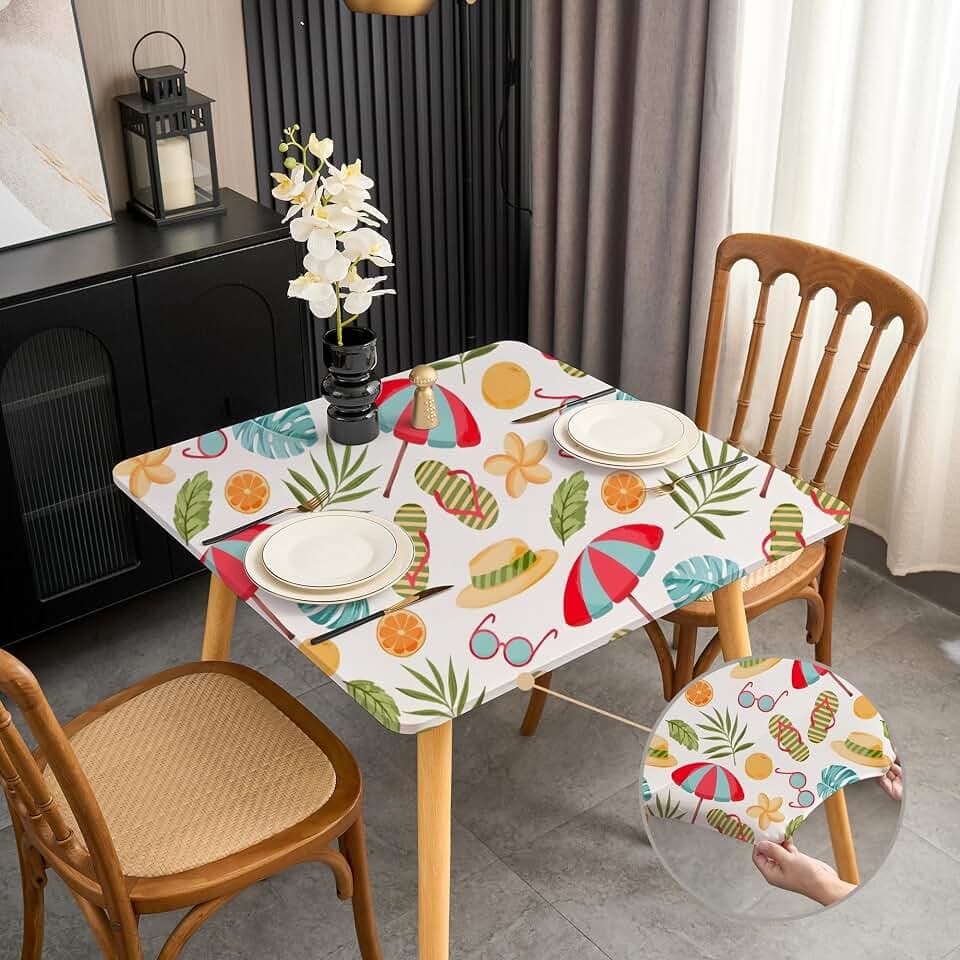 Summer Stretchy Spandex Square Table Cover 48x48 Inch - Beach Umbrella and Flip-Flops Tablecloth Wrinkle Resistant for Coffee Table Dining Room Patio Picnic Table Cloths