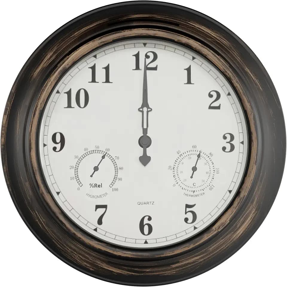 Indoor Outdoor Clock Thermometer Combo - 18-Inch Waterproof Outdoor Wall Clock with Temperature and Humidity - Silent Battery Operated Quartz Clock for Bathroom Patio or Pool by Pure Garden (Bronze)