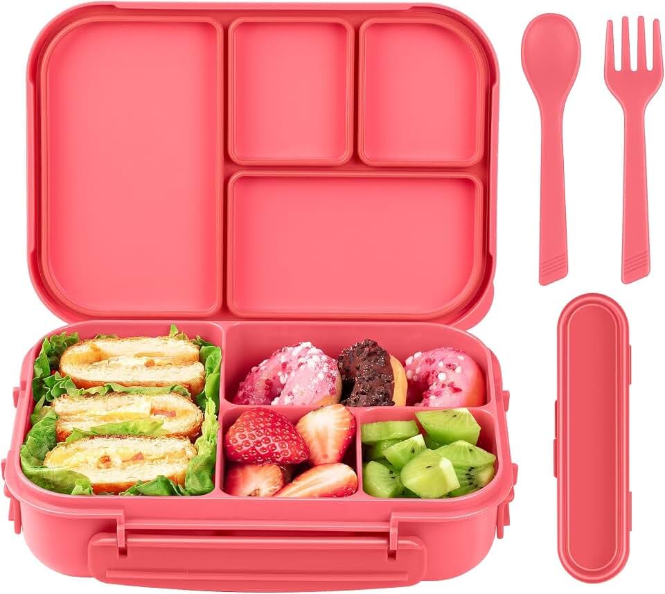 Amathley Brotdose Kinder mit FäChern,Bento Box Kinder,Brotdose Erwachsene,1200ml Lunchbox mit 4 FäChern und Besteck,Mikrowellen und SpüLmaschinenfest,BPA-Frei und Wiederverwendbar (Rosa Beere)