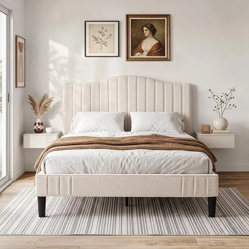 VECELO Polsterbett 140x200 cm Doppelbett, Bettgestell aus Teddy-Stoff mit höhenverstellbarem Kopfteil und Lattenrost aus Massivholz, 20 cm Stauraum unter dem Bett, modern, geräuscharm, beige