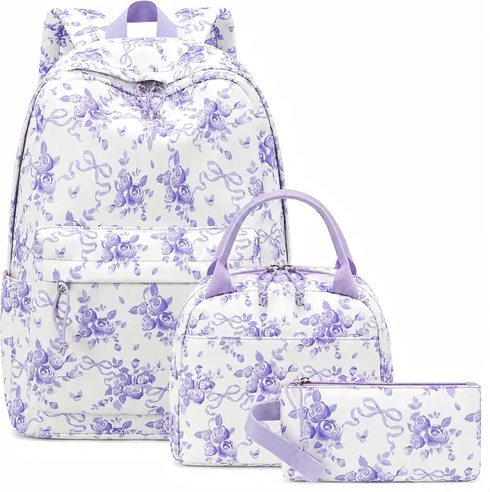 CAMTOP Girls Backpack with Lunch Box Set, Cute Bow School Backpack for Kids, 3-in-1 Lightweight Lunch Bag and Pencil Pouch