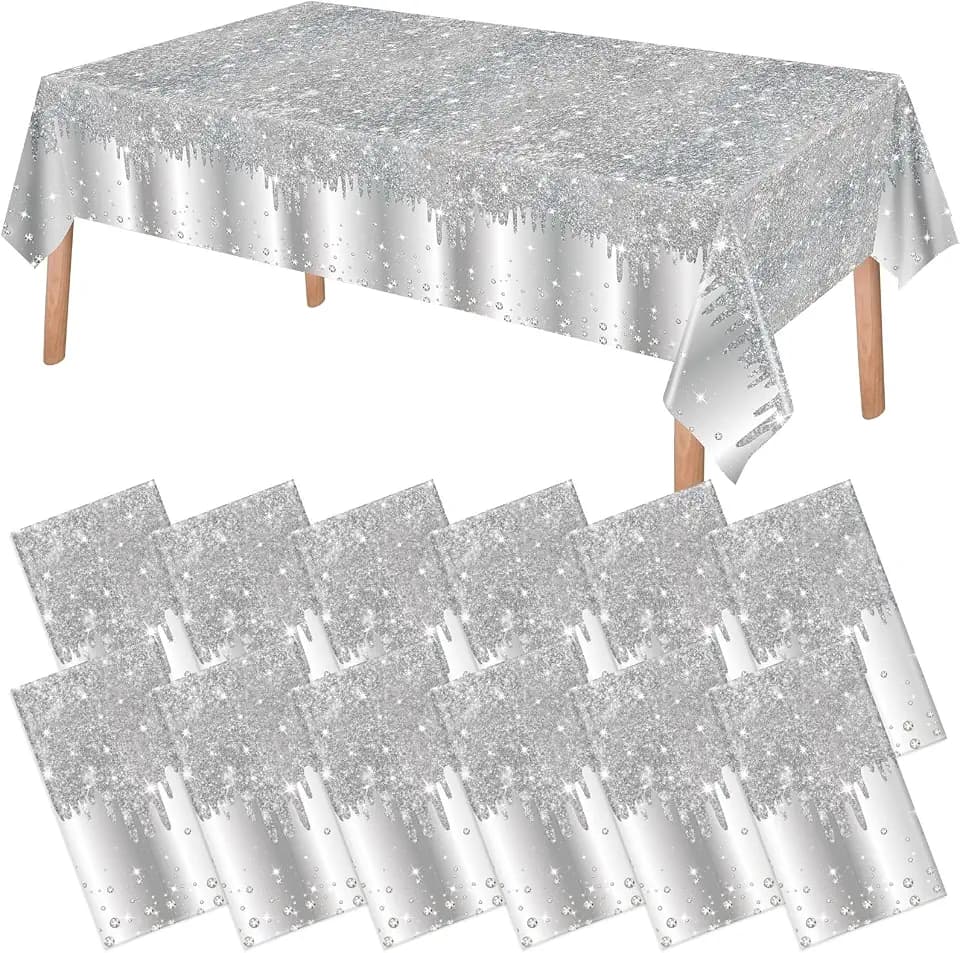 VitalCozy 12 Pack Glitter Diamond Tablecloths Plastic Sequin Party,Silver