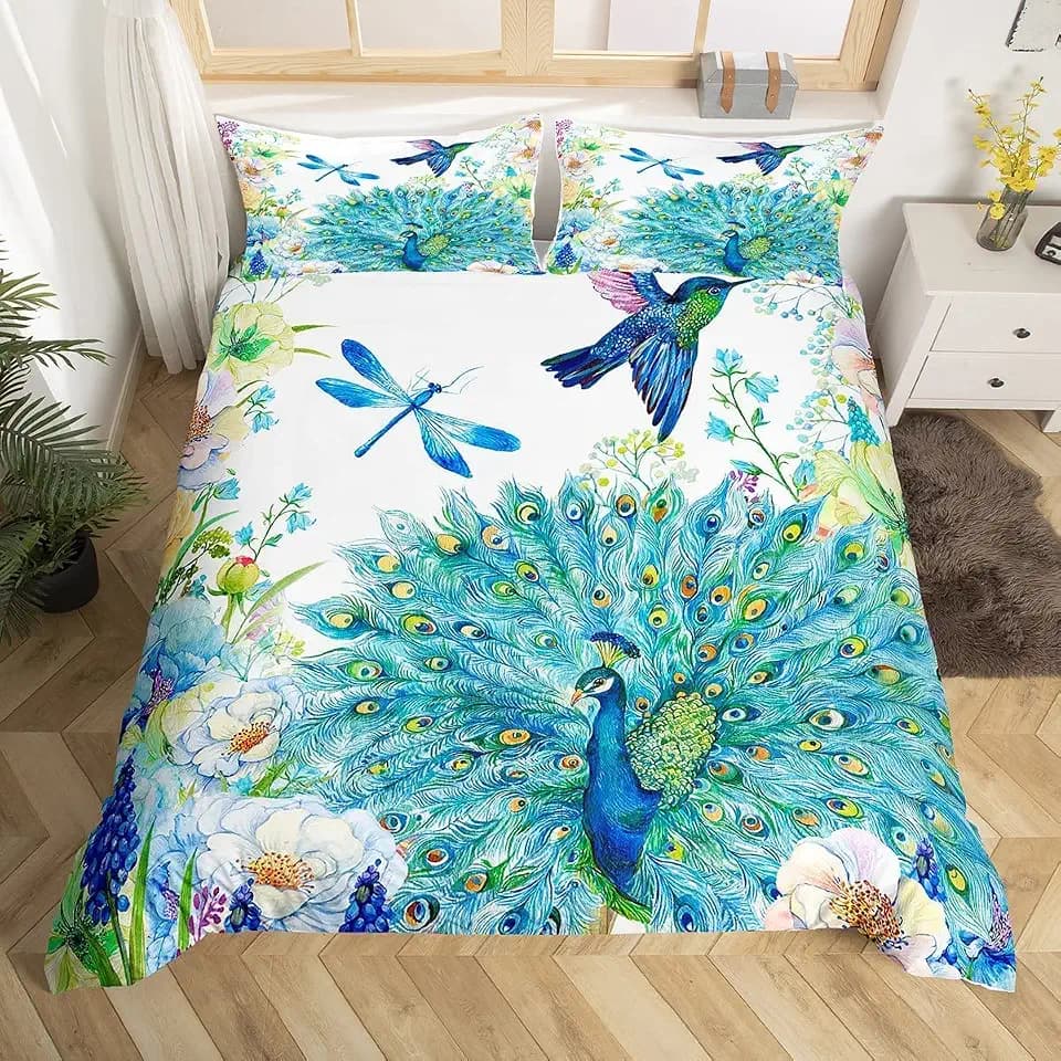 Pfauen-Bettwäsche-Set mit Kolibri, Libelle, Bettdeckenbezug, Blumen, Vögel, für Mädchen und Frauen, marineblau, florale Tiere, frische Natur, Bettbezug mit 1 Kissenbezug, Einzelgröße