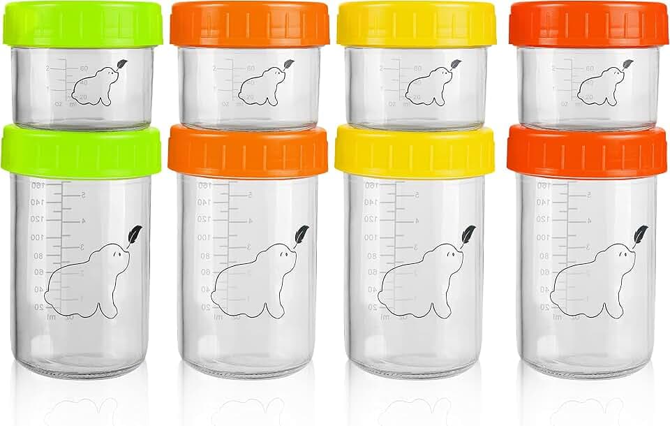 Glas Babynahrung Aufbewahrung (8 Stk) - 2 Größen, 100 ml Brei Behälter Baby & 220 ml Aufbewahrungsbecher Babynahrung - Wiederverwendbar, Gefrierschrank-, Spülmaschinen- & Mikrowellenfest