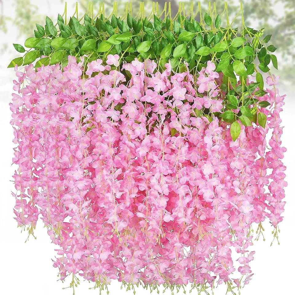 24 Stück 100 m/Stück Glyzinie künstliche Blumen, künstliche Rebe Ratta hängende Blumen mit grünen Blättern, künstliche Seidenblumen für Zuhause, Party, Garten, Wand, Hochzeitsdekorationen, Rosa