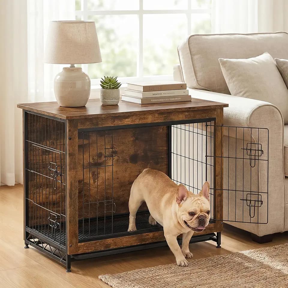 SONGMICS HOME Dog Crate Furniture, Wooden Dog Kennel End Table with Double Doors and Removable Tray, Indoor Pet House for Medium and Large Dogs up to 45 lb, Brown