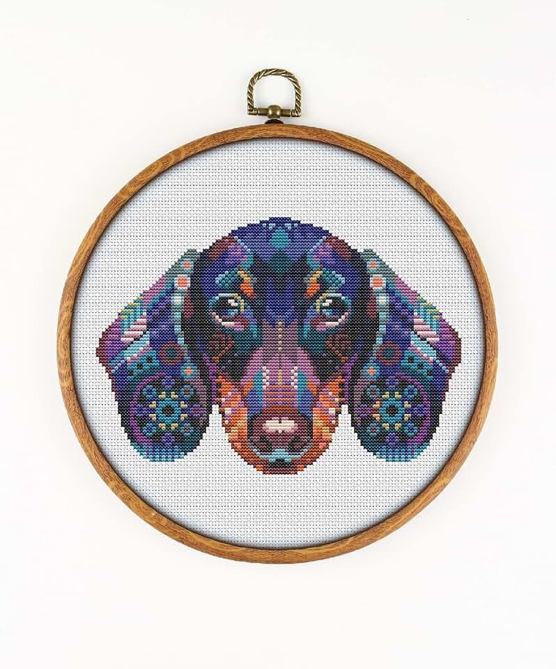 Awesome Pattern Studio Mandala Dachshund K527 Counted Cross Stitch KIT. Threads, Needles, Fabric, Threader, Clippers and 4 Printed Color Patterns. Embroidery Pattern Kit