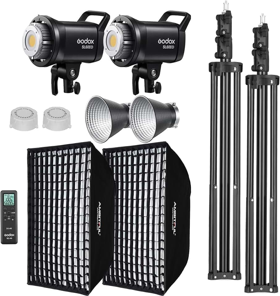 Godox 2 Packs SL60IID 70W LED Video Light Kit W/Square Softbox& Light Stand