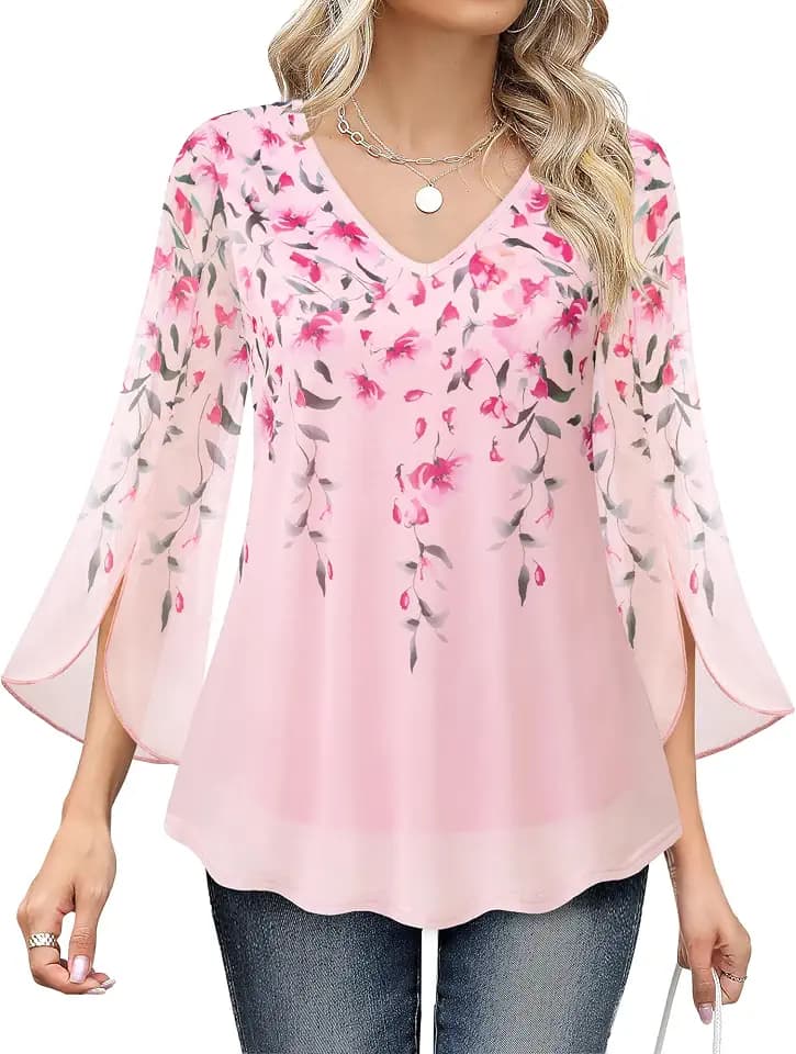 Bebonnie Womens Ruffle 3/4 Sleeve V Neck Double Layers Mesh Blouses Loose Fit Flowy Tunic Tops