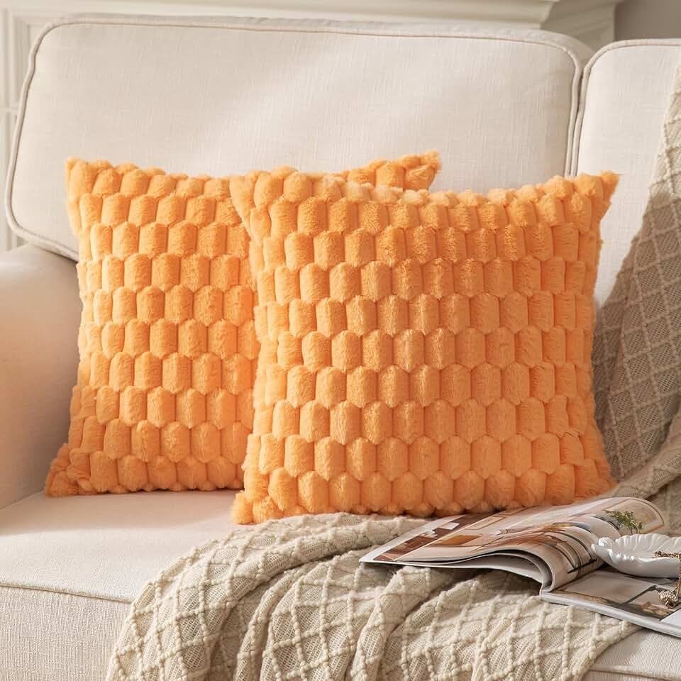 Mandioo 2er Set Orange superweichen dekorative Plüsch Kissenbezug Kissenbezüge 50 x 50 cm Wollsamt Dekokissenbezüge Kissenhülle Sofakissen Dekokissen flauschig für Couch Sofa Bett Wohnzimmer