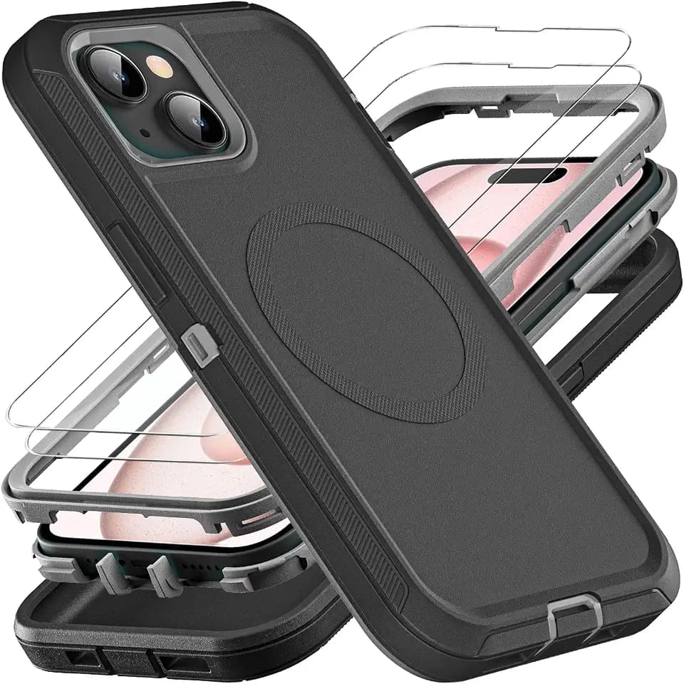 YKHJKLEC for iPhone 15 Case, Compatible with Magsafe, Military Grade 3 in 1 Heavy Duty Shockproof/Drop Proof/Dust Proof Case with 2Pcs Tempered Glass Screen Protector (New-Black/Grey)