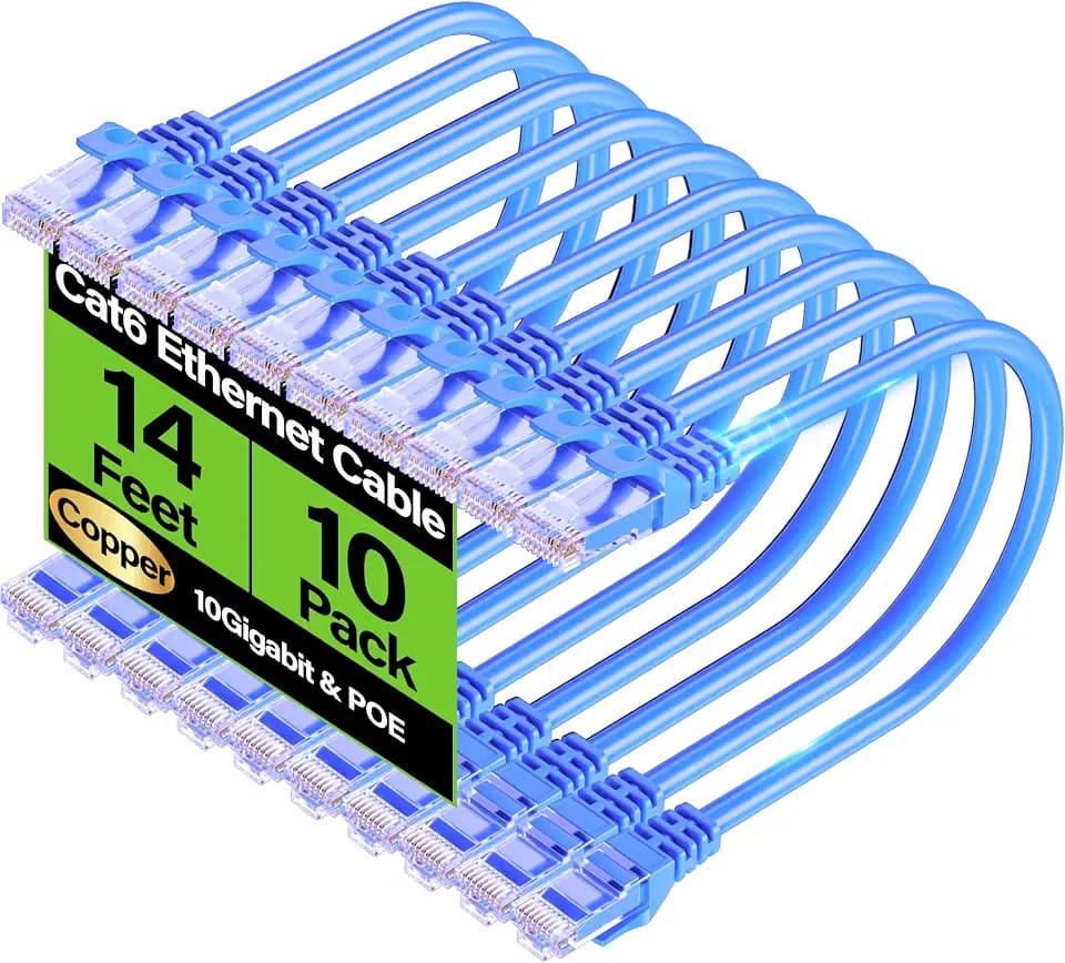 Cat6 Ethernet Cable 10Gbps 14 ft (10 Pack), UTP Ethernet Cable Cat 6, Flexible Bare Copper Cat6 Cable, Cat 6 Network Cable for Server, Data Center, Blue