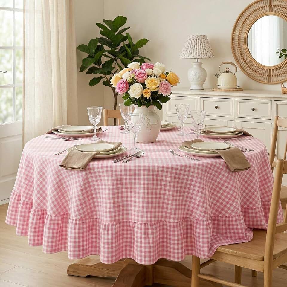 Mindsoft Light Pink Gingham Ruffled Tablecloth, 70 x 70 Inches, Round