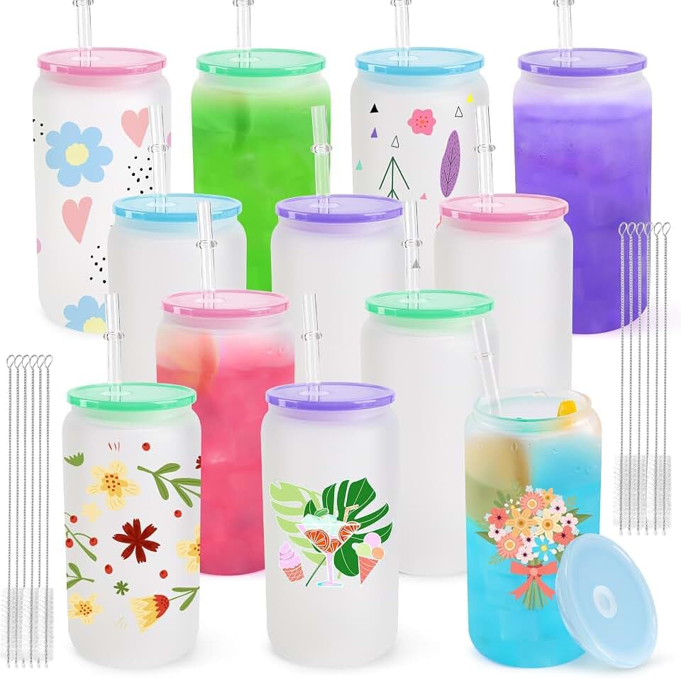 Joyclub Sublimation Glass Cups 12 Pack 16 oz Frosted with Acrylic Lids