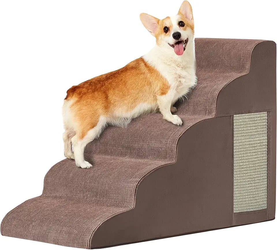 Ahpmeoa Dog Stairs for Small Dogs 22.6" H, Dog Ramp for Bed, 5-Step, Coffee