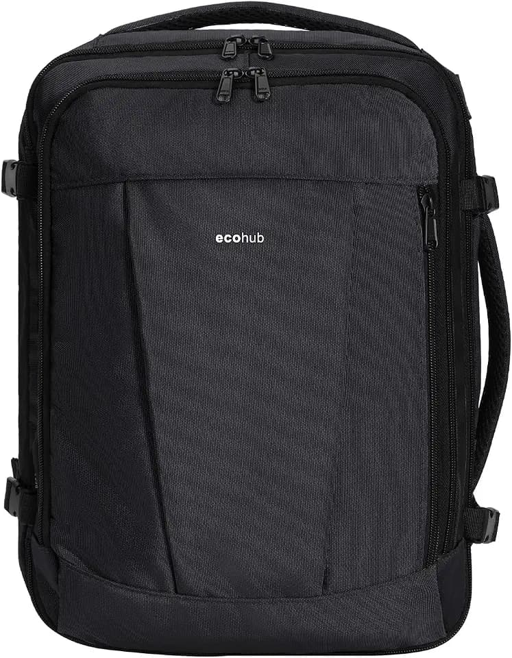 ECOHUB Handgepäck Rucksack Unter-Sitz, Ryanair Easyjet Personal Item Rucksack mit 13 Taschen, Leichter Reiserucksack aus Recyceltem PET für Flugreisen, Damen Herren, 40x30x20 cm 24L(Schwarz)