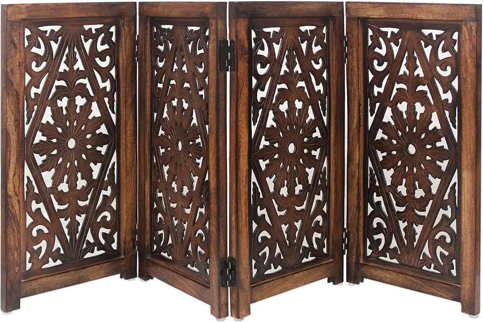 Wooden Foldable Pet Dog Gate - Hand Carved 4-Panel 52 W x 25 H