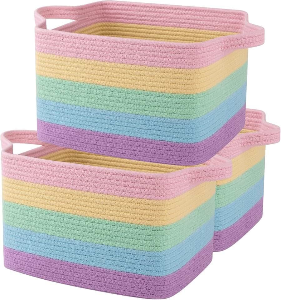 OIAHOMY Cotton Rope Storage Baskets for Organizing Rainbow Pastel 3-Pack