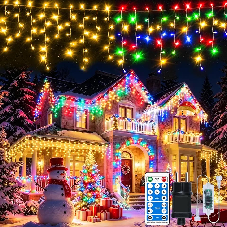 25+5M Led Eisregen Lichterkette Außen, 3-in-1 WarmweißWeiß/Bunt/Weiß-Bunt pulsierender Wechsel, 8 Modi, 40m Fernbedienung, 4/6/8 Timer & Speicher,IP65 Wasserdicht Lichtervorhang für Weihnachten