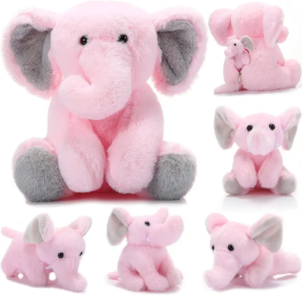 Skylety 5 Pcs Elephant Stuffed Animals Mommy 4 Baby Plush, Gray Pink