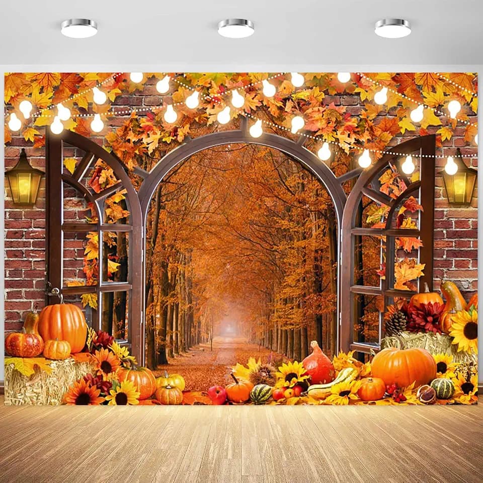 10x8ft Fall Backdrop Harvest Pumpkins Window Brick Wall Maple Leaves Photography Background Autumn Forest Scene Thanksgiving Party Decorations Supplies Photo Booth Props
