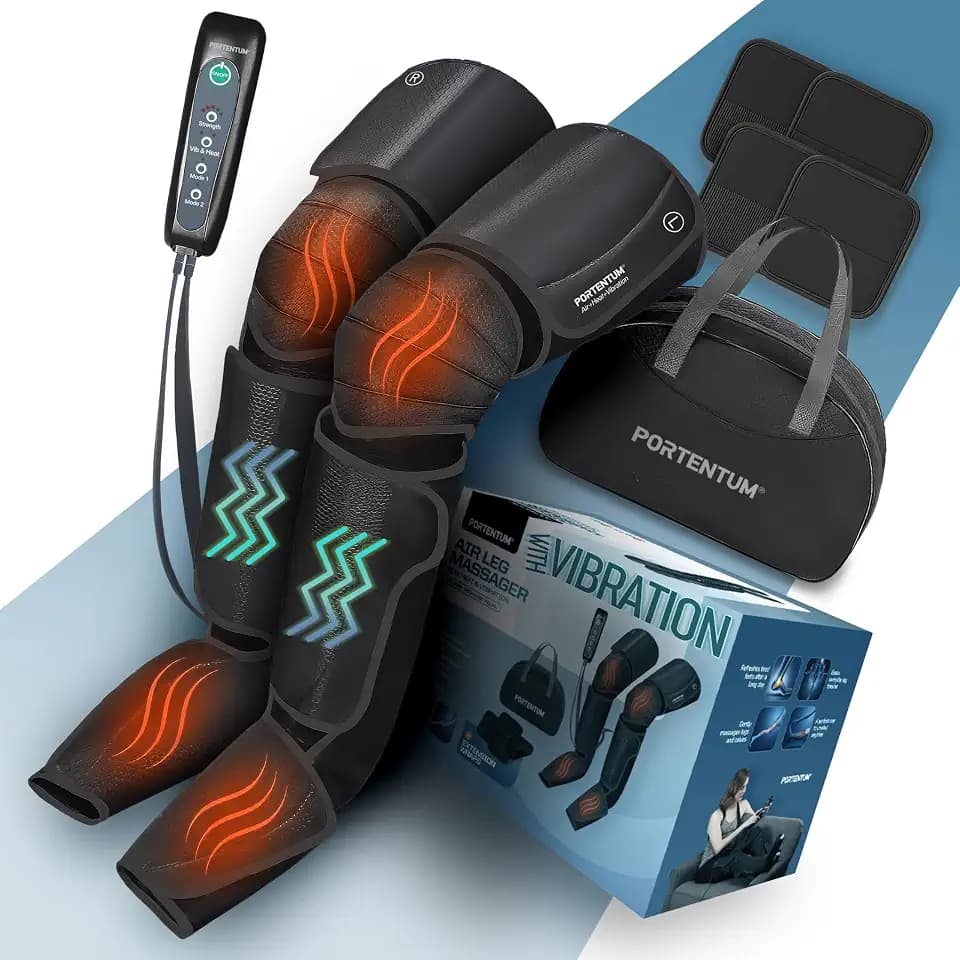 PORTENTUM Lymphdrainage gerät – Bein Massagegerät mit einstellbarer Wärme und Vibration – 5 Kompressionsstufen – Fernbedienung – lindert müde Beine und fördert die Durchblutung – Transporttasche