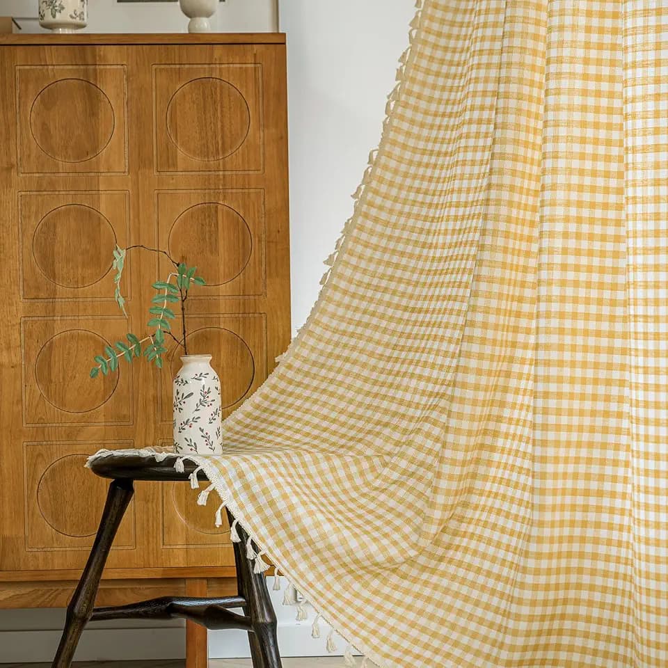 ENJOYBRIDAL Yellow Plaid 63 Inch Curtains for Bedroom Gingham Semi Sheer Drapes Short Rod Pocket Living Room Dining Room Window Curtains 2 Panel Sets Tassel Boho Cute Farmhouse Window Treatments