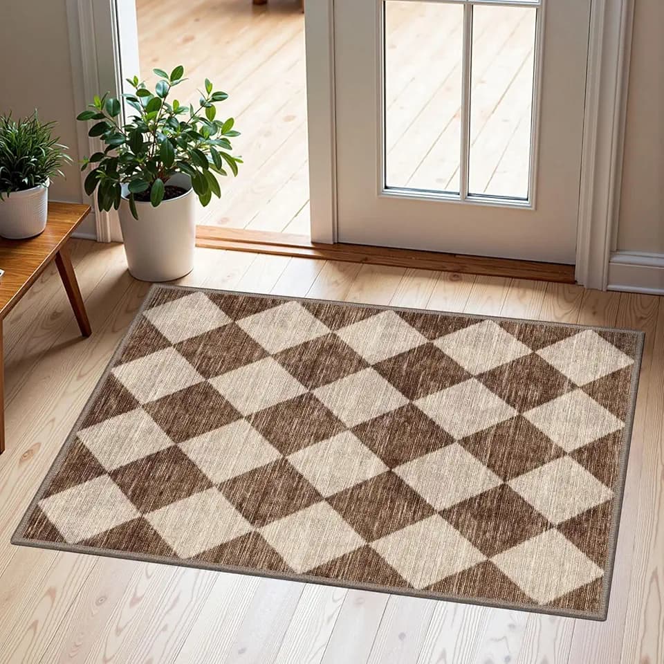 Front Door Rug - 2x3 Brown Beige Checkered Diamond Entry Rug
