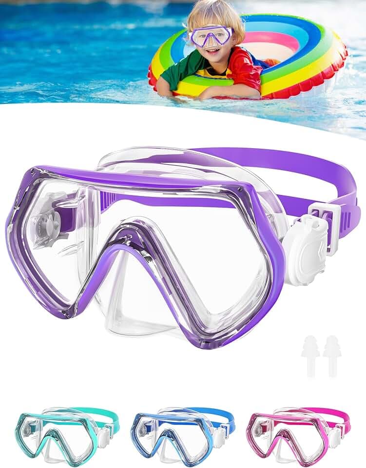 Taucherbrille Kinder, Schnorchelmaske Kinder 4-10 Jahre, Tauchmasken mit Silikon-Nasenabdeckung, Schwimmbrille Kinder 180°Panorama-HD-Gehärtetes-Glas Tauchmasken mit Verstellbarem Silikonband